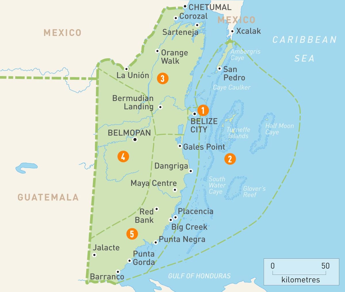 Karte von Belize und den umliegenden Ländern